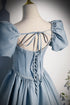 Blue Satin Long Prom Dress with Pearls, Blue Short Sleeves A-line Evening Dress