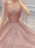 Pink Tulle Sweetheart Tulle with Pearls A-line Prom Dress, Pink Long Evening Dress