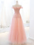 Pink Tulle A-line Long Prom Dress with Sequins, Off Shoulder Evening Dresses