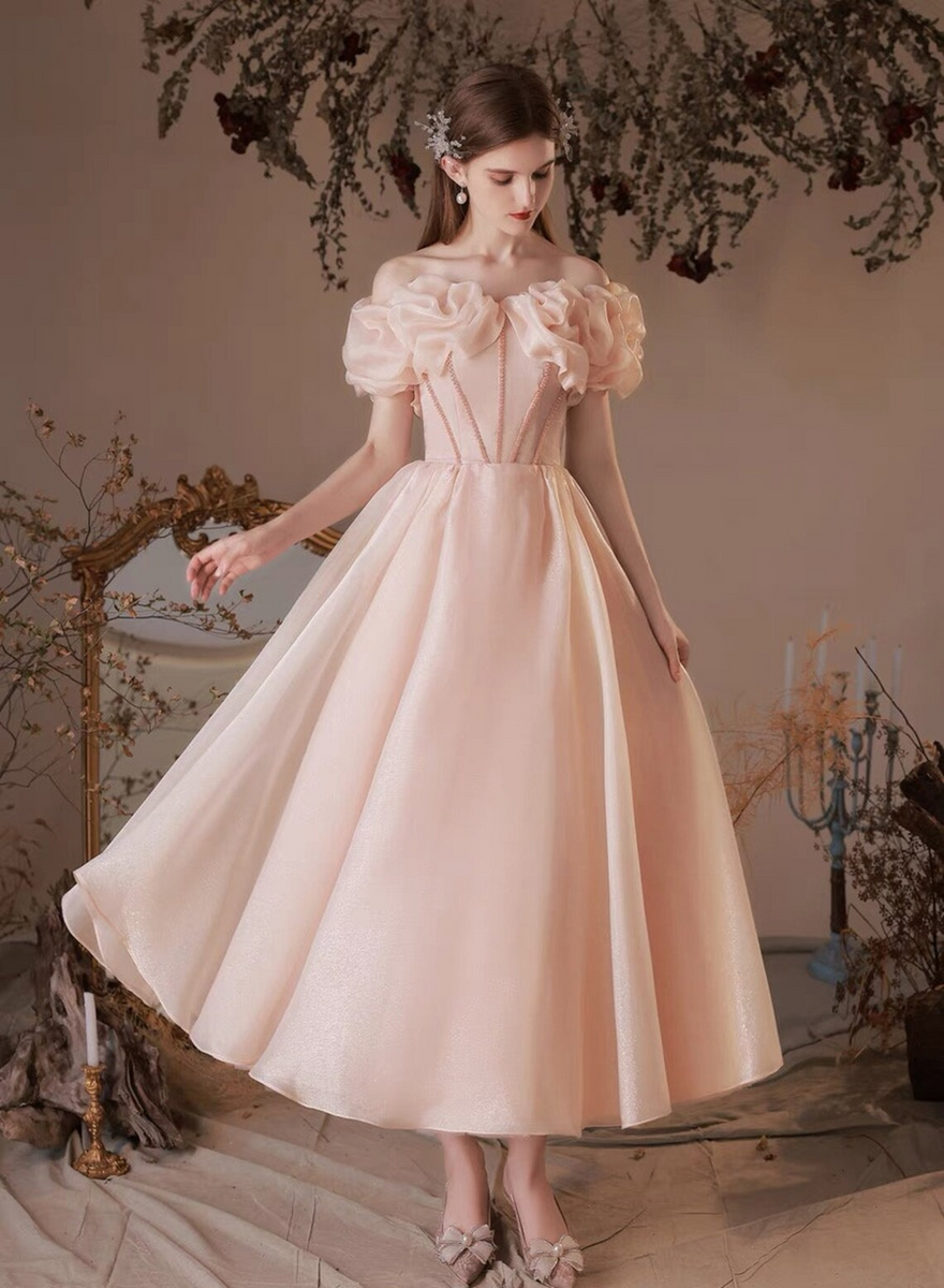 Pink Sweetheart Beaeded Short Sleeves Party Dress, Pink Formal Dress