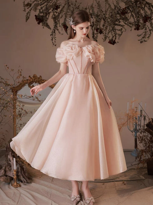 Pink Sweetheart Beaeded Short Sleeves Party Dress, Pink Formal Dress