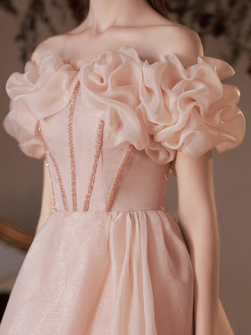 Pink Sweetheart Beaeded Short Sleeves Party Dress, Pink Formal Dress