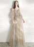 Light Champagne V-neckline Party Dress, A-line Long Prom Dress Evening Dress