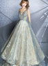 V-neckline Sexy Shiny Tulle A-line Long Prom Dress, Low Back Formal Dress