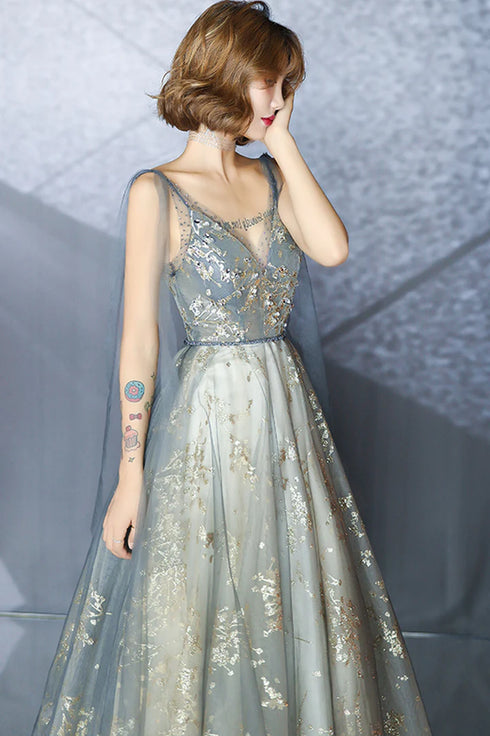 V-neckline Sexy Shiny Tulle A-line Long Prom Dress, Low Back Formal Dress