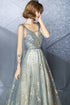 V-neckline Sexy Shiny Tulle A-line Long Prom Dress, Low Back Formal Dress