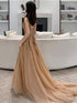 Champagne V-neckline Tulle with Lace Party Dress, A-line Tulle Evening Dress