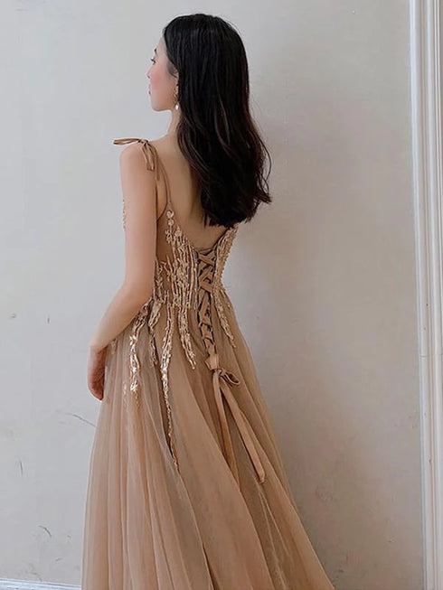 Champagne V-neckline Tulle with Lace Party Dress, A-line Tulle Evening Dress