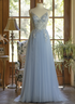 Light Blue Tulle V-neckline Straps with Lace Long Party Dress, Blue A-line Prom Dress