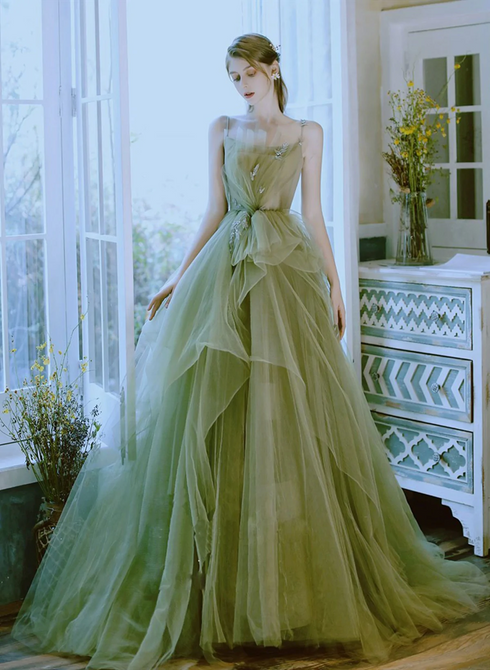 Light Green Straps Long Evening Dress Party Dress, Green Formal Dress