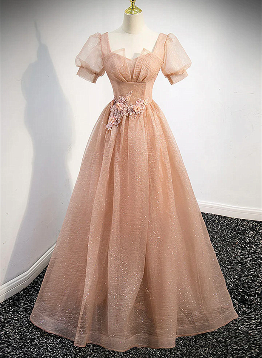 Cute Green and Pink Short Sleeves Long Party Dress, A-line Tulle Formal Dress Evening Dress
