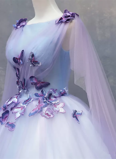 Lavender Tulle Long Formal Dress with Butterflies,Lavender Sweet 16 Dress