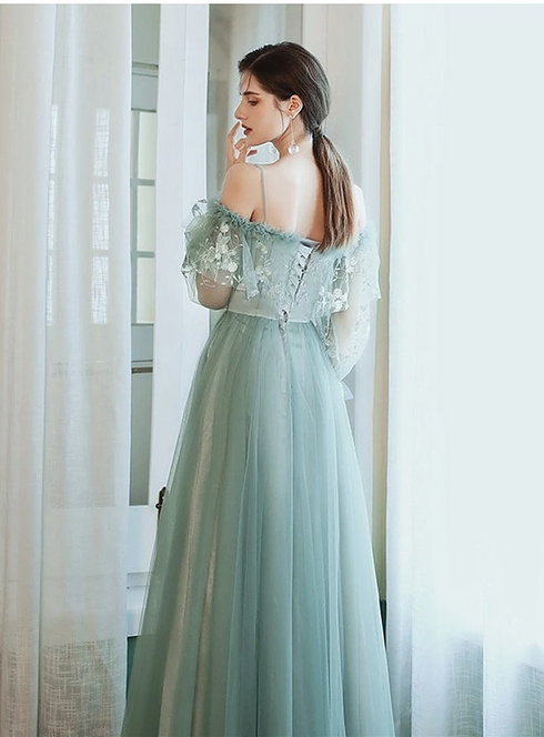 Light Green Tulle Straps with Lace Long Party Dress, Off Shoulder Prom Dress