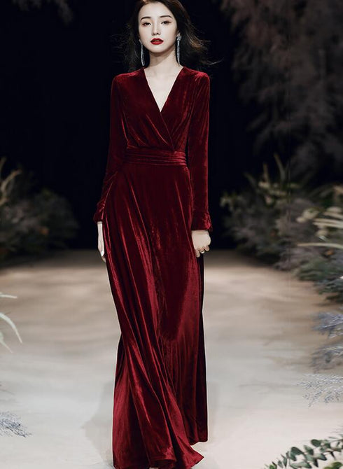 Charming Velvet V-neckline Simple Long Bridesmaid Dress, Long Sleeves A-line Party Dress