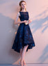 Navy Blue Lace High Low Round Neckline Party Dress, Blue Prom Dress Homecoming Dress