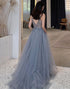 V-neckline Beaded Tulle Long Evening Dress with Leg Slit, Straps Tulle Formal Dresses Prom Dresses