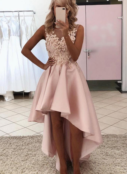 Pink High Low Satin with Lace Round Neckline Homecoming Dresses, Pink Party Dresses Prom Dresses