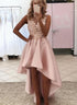 Pink High Low Satin with Lace Round Neckline Homecoming Dresses, Pink Party Dresses Prom Dresses