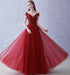 A-line Wine Red Tulle Beaded Long Party Dresses Formal Dress, Dark Red Beaded Party Dresses