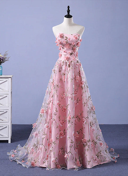 Pink Long A-line Flowers Evening Dress, Pink Party Dress Prom Dress