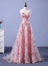 Pink Long A-line Flowers Evening Dress, Pink Party Dress Prom Dress