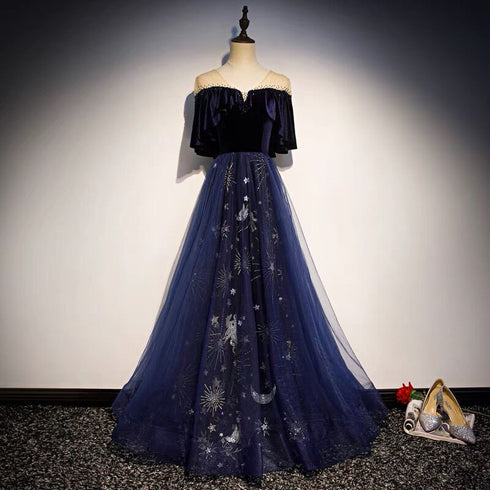 Blue Tulle with Velvet Long Party Dress, A-line Off Shoulder Formal Dress Prom Dress