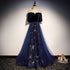 Blue Tulle with Velvet Long Party Dress, A-line Off Shoulder Formal Dress Prom Dress