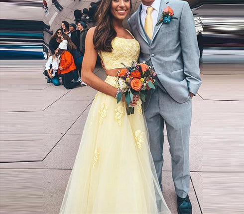 Light Yellow Two Piece Tulle Formal Dress with Applique, Yellow Straps Formal Dress