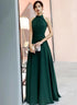 Dark Green Chiffon Halter Floor Length Wedding Party Dress, Green Long Prom Dress
