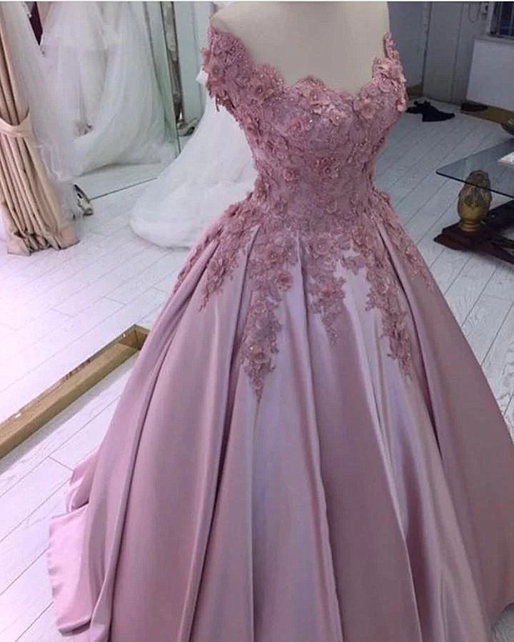 Off the Shoulder Pink Satin Ball Gown Prom Dresses with Pleates LBQ1815 main image 1