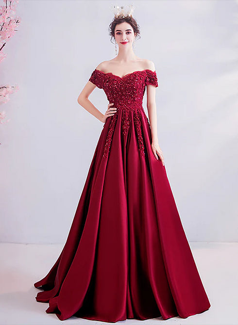 Wine Red Beaded and Lace Off Shoulder Long Party Dress, Wine Red Floor Length Prom Dress