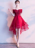 Red High Low Lace Flowers Tulle Off Shoulder Party Dress, Red Party Dress Formal Dresses