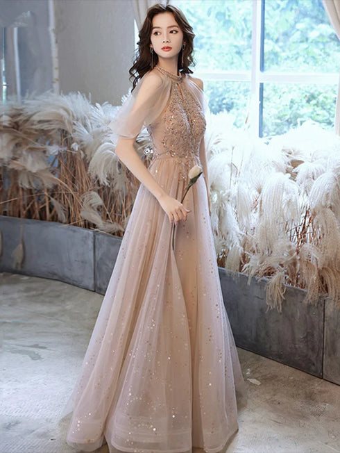Champagne Tulle Haler Beaded Shiny Long Party Dress, A-line Prom Dress Evening Dress