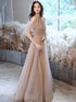 Champagne Tulle Haler Beaded Shiny Long Party Dress, A-line Prom Dress Evening Dress