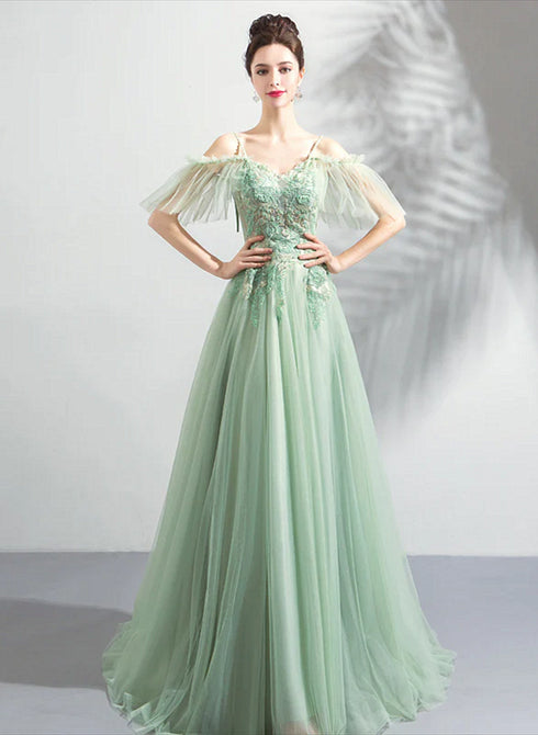 Beautiful Green Off Shoulder Sweetheart Lace Beaded Evening Dresses, Green Formal Dresses
