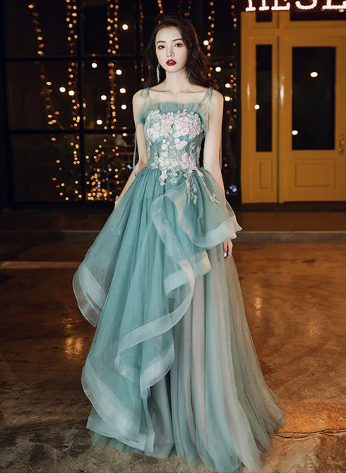 Beautiful Green and Pink Tulle Straps Long Party Dress Prom Dress, A-line Formal Dress