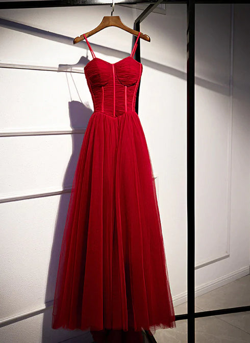 Beautiful Wine Red Tulle Long Straps Party Dress Prom Dress, A-line Dark Red Formal Gown