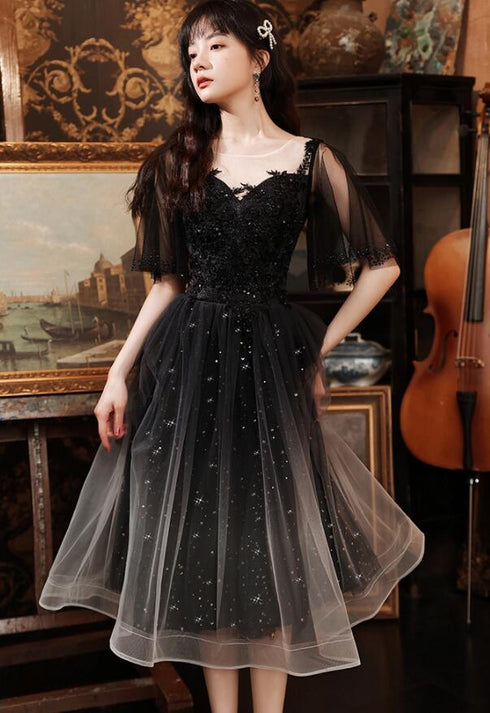 Black Tulle Gradient Short Sleeves Party Dress with Lace, Short Prom Dresses