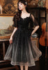 Black Tulle Gradient Short Sleeves Party Dress with Lace, Short Prom Dresses