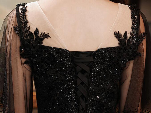 Black Tulle Gradient Short Sleeves Party Dress with Lace, Short Prom Dresses