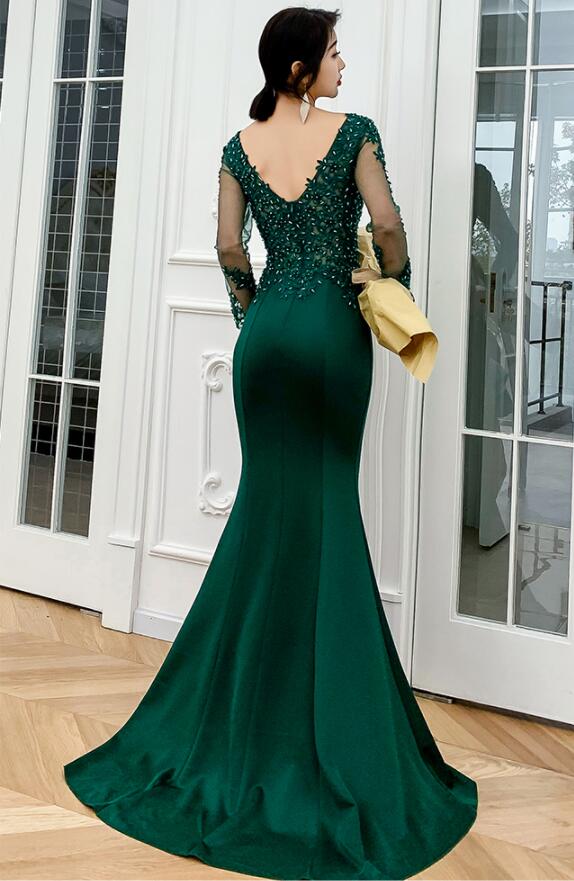 emerald green long sleeve mermaid dress Dark Green Mermaid Lace and Beaded Evening Dresses, Green Prom Dress Party Dress US size 20W / Green