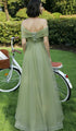 Green Off Shoulder Tulle Long Party Dress, Green Bridesmaid Dresses Party Dress
