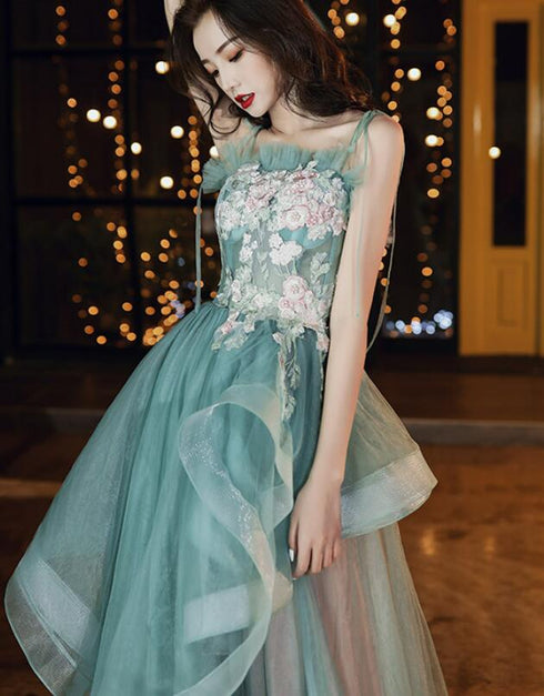 Beautiful Green and Pink Tulle Straps Long Party Dress Prom Dress, A-line Formal Dress