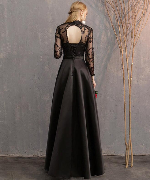 Black Satin and Lace Long Formal Dress Party Dresses, Black Evening Dresses