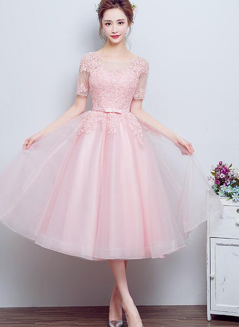 Beautiful Pink Tulle Tea Length Bridesmaid Dresses, Tulle with Lace Party Dresses