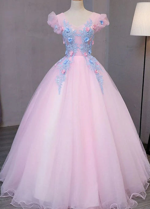 Lovely Pink Sweetheart Party Gown with Blue Lace, Pink Quinceanera Dress
