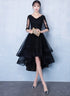 High Low Black V-neckline Short Sleeves Homecoming Dress, Black Prom Dress
