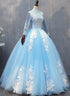 Blue Long Sleeves lace Tulle Sweet 16 Dress, Light Blue Ball Gown Formal Dress, Party Dress