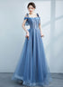 Blue Shiny Tulle Off Shoulder Beaded Straps A-line Party Dress, Blue Long Prom Dress