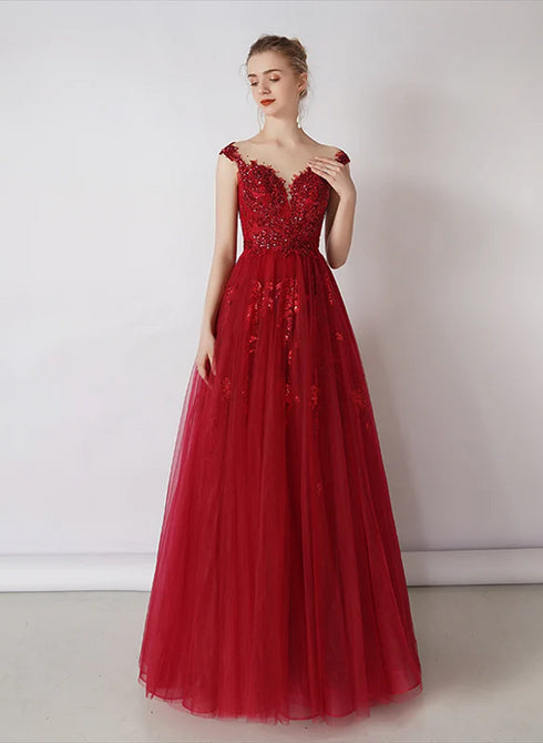 Wine Red Tulle Round Neckline Long Party Dress, A-line Floor Length Evening Dress Prom Dress